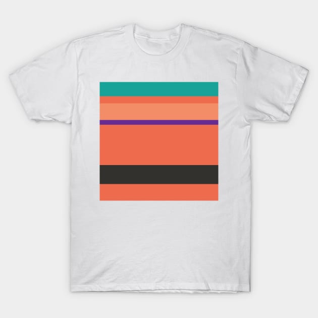 A well-made bind of Orange Pink, Big Foot Feet, Christmas Purple, Persian Green and Dark Grey stripes. T-Shirt by Sociable Stripes